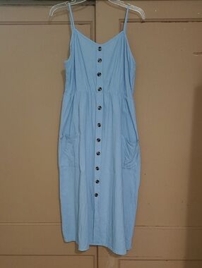 Light Blue Button-Front Midi Sundress with Pockets